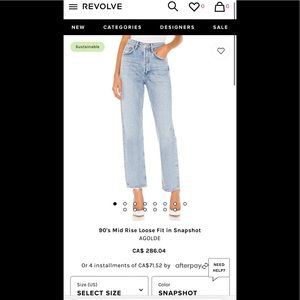 Agolde 90’s mid rise loose fit jeans in ‘snapshot’ size 22